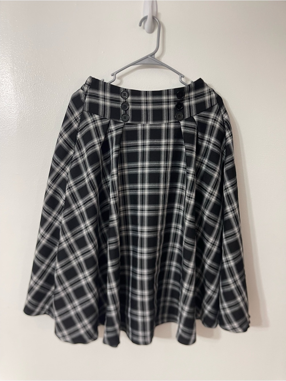 Black & White Plaid Circle Skirt with Button Waist